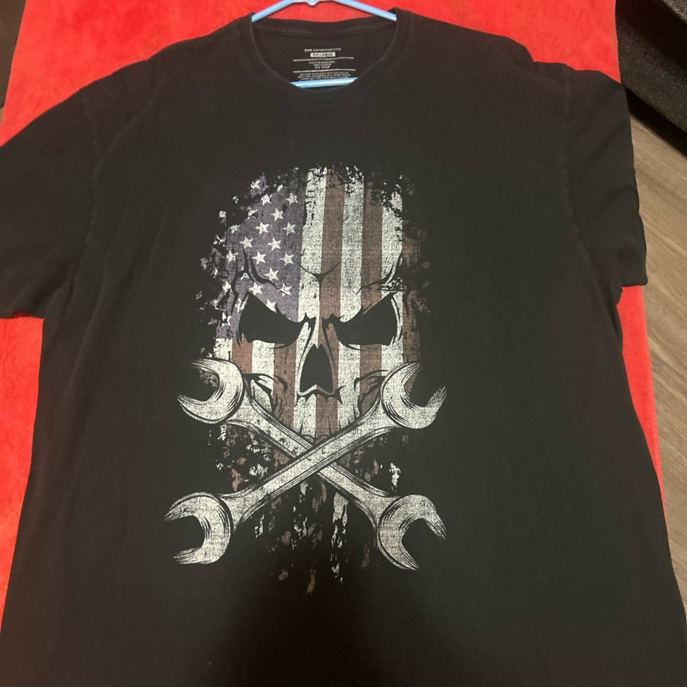 Men's Black Graphic Tee with Skull and Wrench Design